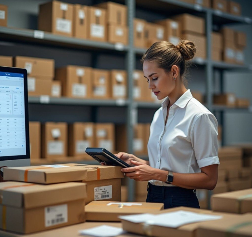Warehouse worker handling air freight cargo pallets