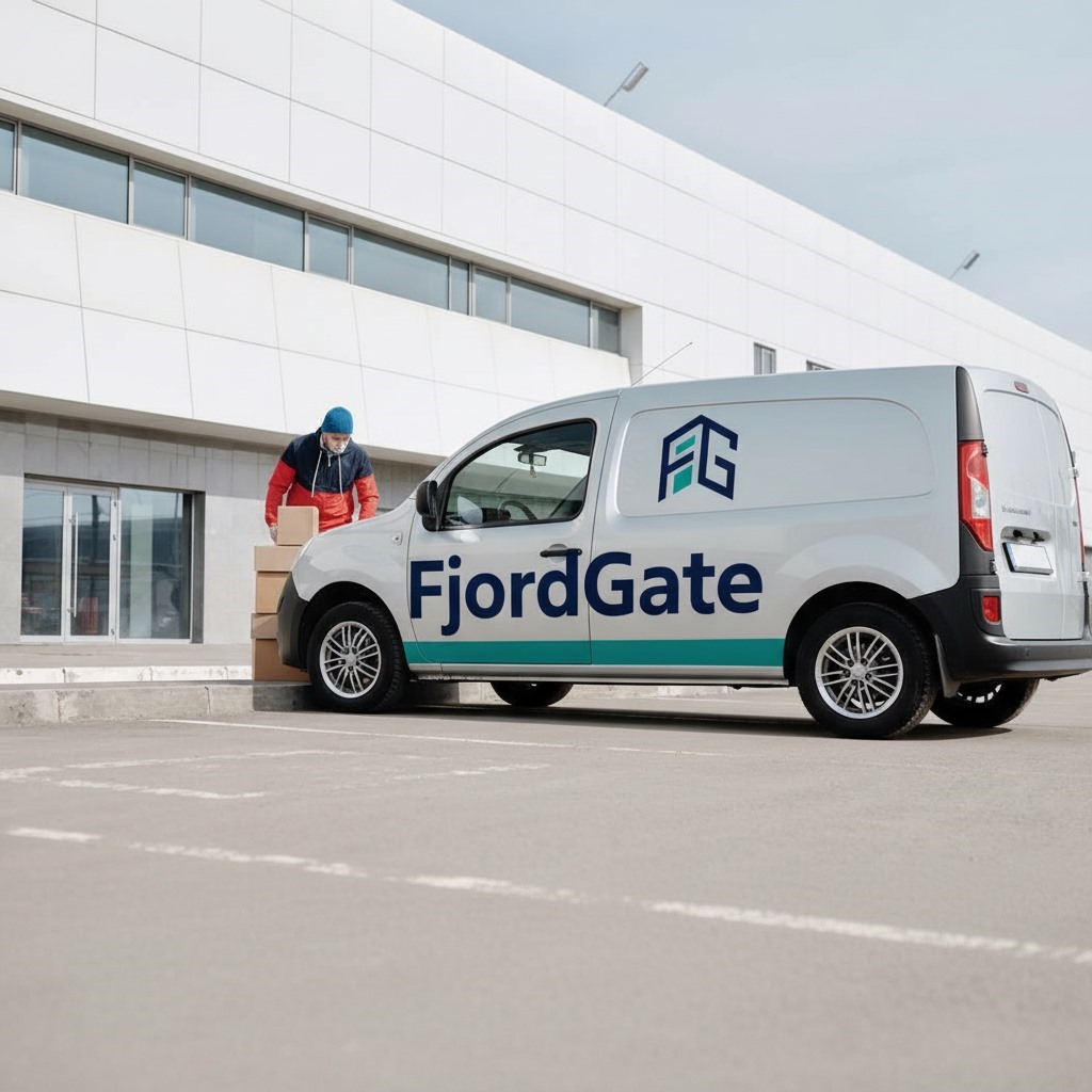 FjordGate branded delivery van parked at a warehouse loading area